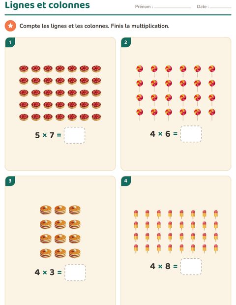 Aperçu de la fiche Multiplication en réseaux avec Desserts et sucreries pour CE1 (cours élémentaire 1)