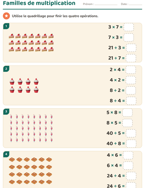 Aperçu de la fiche Multiplication en réseaux avec Desserts et sucreries pour CE2 (cours élémentaire 2)