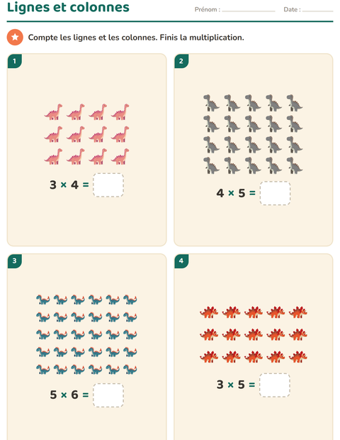 Aperçu de la fiche Multiplication en réseaux avec Dinosaures pour CE1 (cours élémentaire 1)