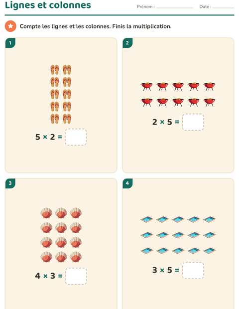 Aperçu de la fiche Multiplication en réseaux avec Été pour CE1 (cours élémentaire 1)