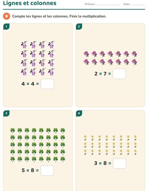 Aperçu de la fiche Multiplication en réseaux avec Fleurs pour CE1 (cours élémentaire 1)