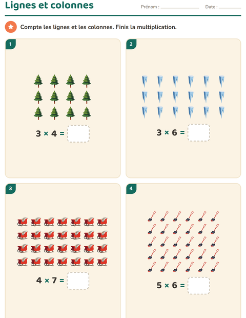 Aperçu de la fiche Multiplication en réseaux avec Hiver pour CE1 (cours élémentaire 1)