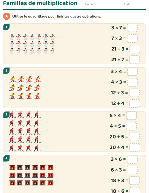 Aperçu de la fiche Multiplication en réseaux avec Hiver pour CE2 (cours élémentaire 2)