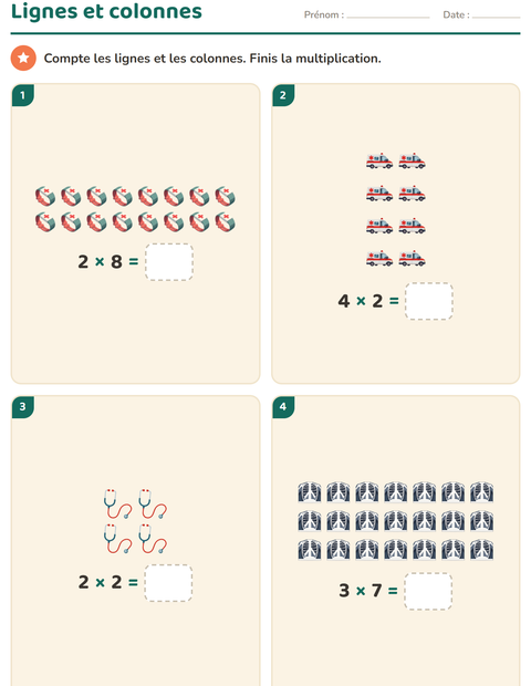 Aperçu de la fiche Multiplication en réseaux avec Hôpital pour CE1 (cours élémentaire 1)