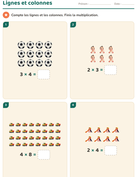 Aperçu de la fiche Multiplication en réseaux avec Jouets pour CE1 (cours élémentaire 1)