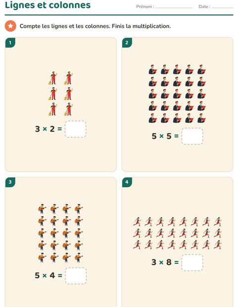 Aperçu de la fiche Multiplication en réseaux avec Métiers pour CE1 (cours élémentaire 1)