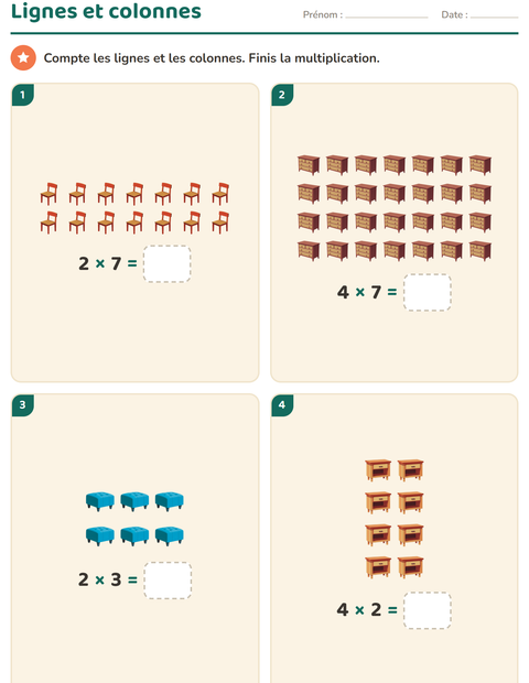 Aperçu de la fiche Multiplication en réseaux avec Meubles pour CE1 (cours élémentaire 1)
