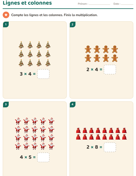 Aperçu de la fiche Multiplication en réseaux avec Noël pour CE1 (cours élémentaire 1)