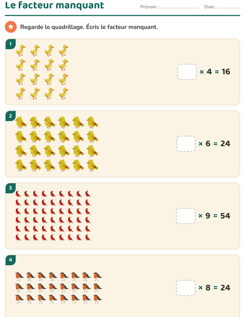 Aperçu de la fiche Multiplication en réseaux avec Oiseaux 2 pour CE2 (cours élémentaire 2)