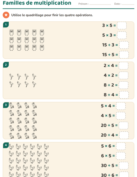 Aperçu de la fiche Multiplication en réseaux avec Oiseaux N&B 2 pour CE2 (cours élémentaire 2)