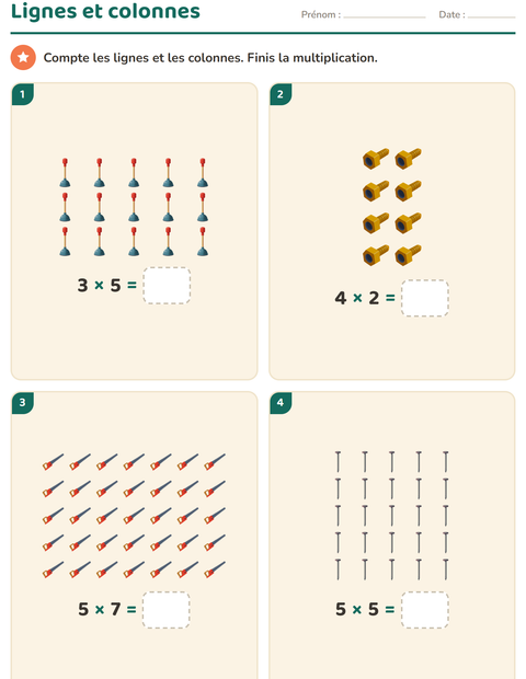 Aperçu de la fiche Multiplication en réseaux avec Outils pour CE1 (cours élémentaire 1)