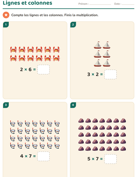 Aperçu de la fiche Multiplication en réseaux avec Plage pour CE1 (cours élémentaire 1)