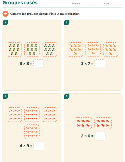 Aperçu de la fiche Multiplication en réseaux avec Reptiles et amphibiens pour CE2 (cours élémentaire 2)