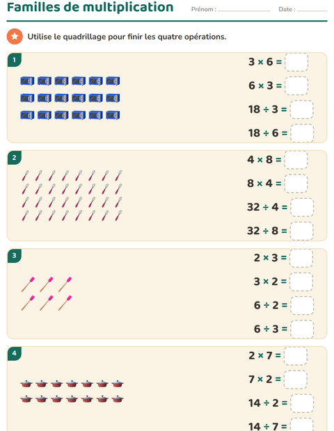 Aperçu de la fiche Multiplication en réseaux avec Ustensiles de cuisine pour CE2 (cours élémentaire 2)