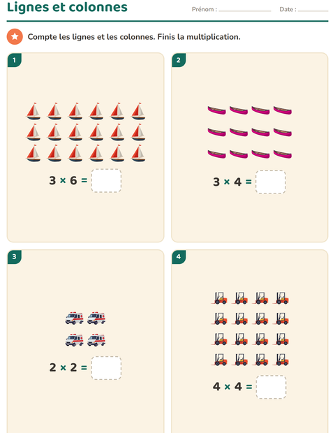 Aperçu de la fiche Multiplication en réseaux avec Véhicules pour CE1 (cours élémentaire 1)