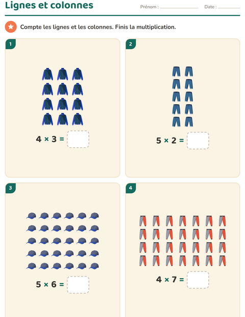 Aperçu de la fiche Multiplication en réseaux avec Vêtements pour CE1 (cours élémentaire 1)