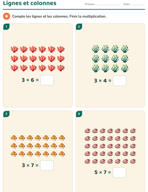 Aperçu de la fiche Multiplication en réseaux avec Vie océanique pour CE1 (cours élémentaire 1)