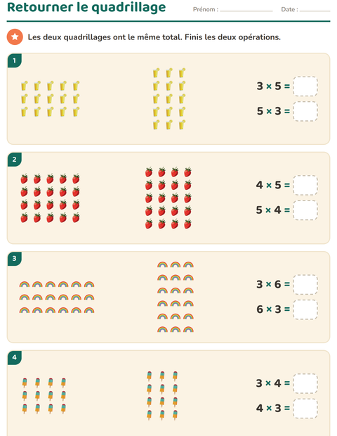 Aperçu de la fiche Multiplication en réseaux avec Été pour CE2 (cours élémentaire 2)