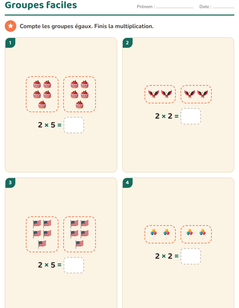 Aperçu de la fiche Multiplication en réseaux avec 4 juillet pour CE1 (cours élémentaire 1)