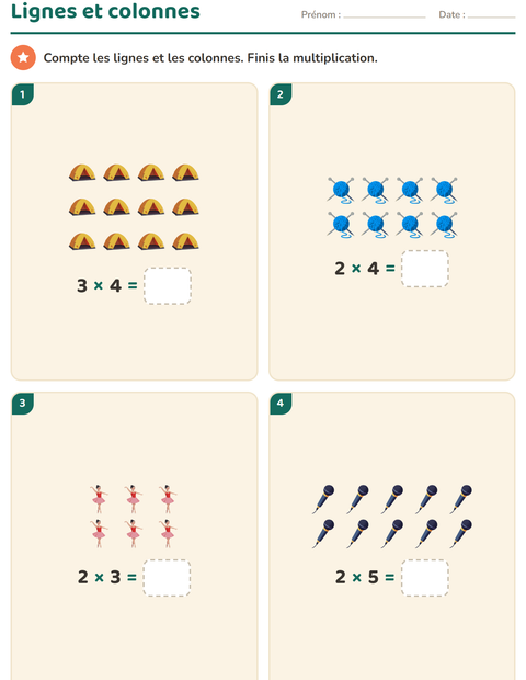 Aperçu de la fiche Multiplication en réseaux avec Activités pour CE1 (cours élémentaire 1)