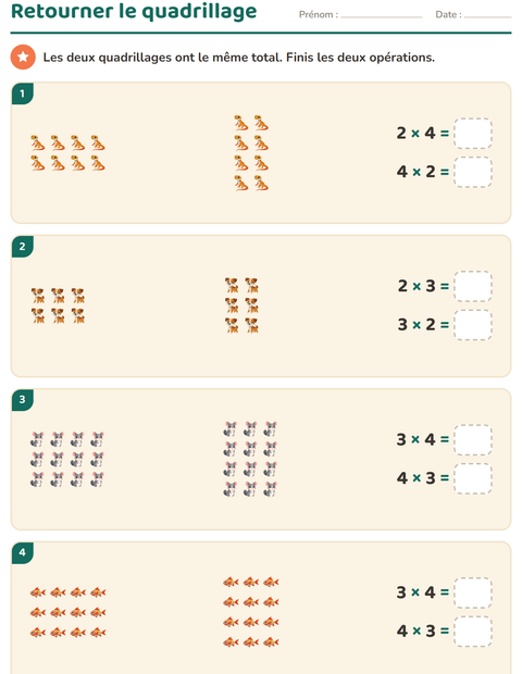 Aperçu de la fiche Multiplication en réseaux avec Animaux de compagnie pour CE2 (cours élémentaire 2)