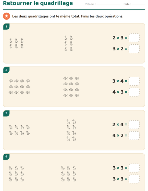 Aperçu de la fiche Multiplication en réseaux avec Animaux de la ferme NB pour CE2 (cours élémentaire 2)