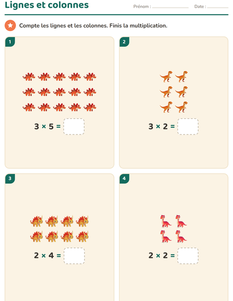 Aperçu de la fiche Multiplication en réseaux avec Dinosaures pour CE1 (cours élémentaire 1)