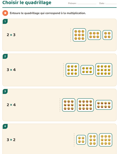 Aperçu de la fiche Multiplication en réseaux avec Émotions pour CE1 (cours élémentaire 1)
