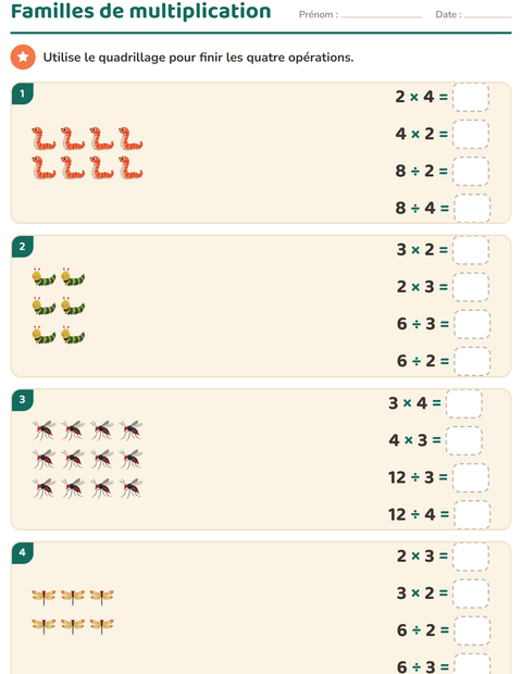 Aperçu de la fiche Multiplication en réseaux avec Insectes et bestioles pour CE2 (cours élémentaire 2)