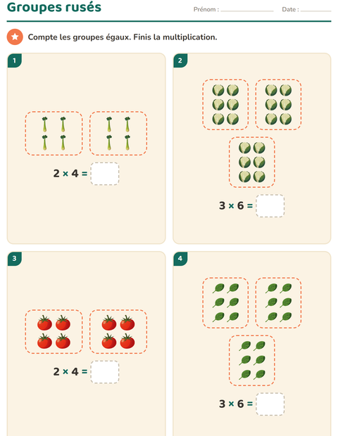 Aperçu de la fiche Multiplication en réseaux avec Légumes pour CE2 (cours élémentaire 2)