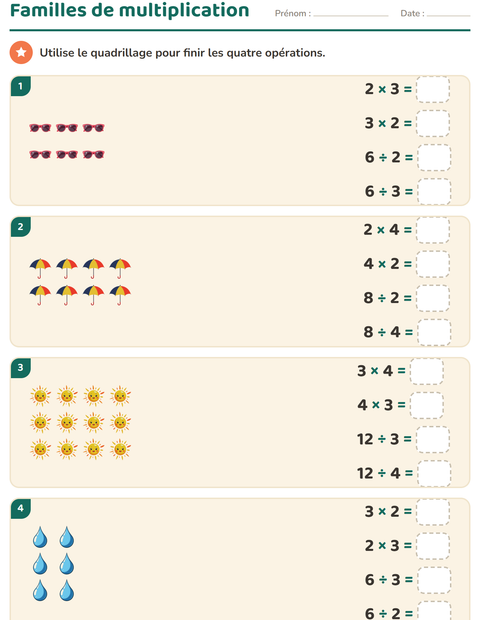 Aperçu de la fiche Multiplication en réseaux avec Météo pour CE2 (cours élémentaire 2)