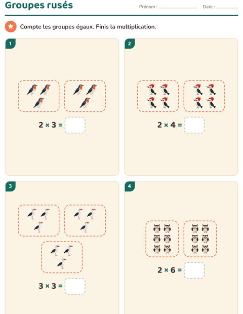 Aperçu de la fiche Multiplication en réseaux avec Oiseaux 2 pour CE2 (cours élémentaire 2)