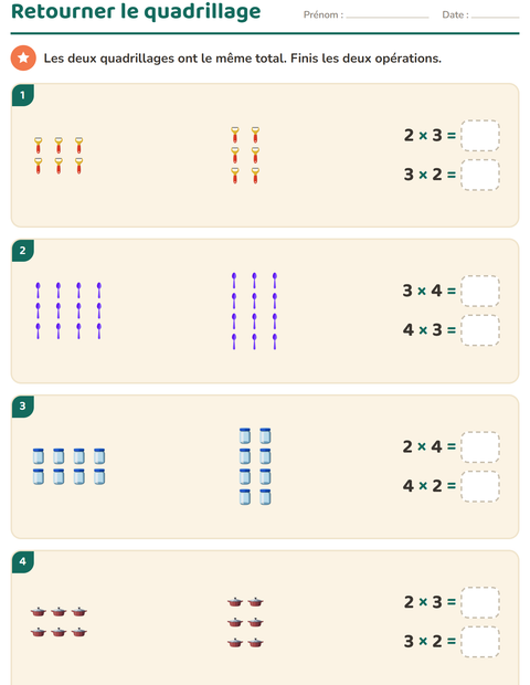 Aperçu de la fiche Multiplication en réseaux avec Ustensiles de cuisine pour CE2 (cours élémentaire 2)