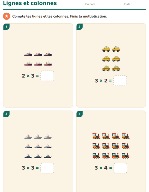 Aperçu de la fiche Multiplication en réseaux avec Véhicules pour CE1 (cours élémentaire 1)