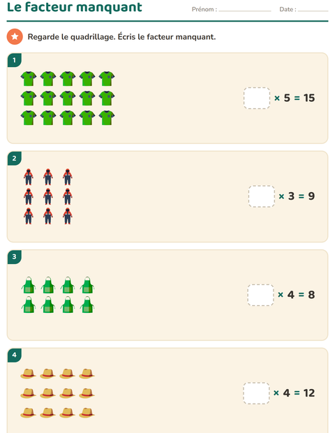 Aperçu de la fiche Multiplication en réseaux avec Vêtements pour CE2 (cours élémentaire 2)