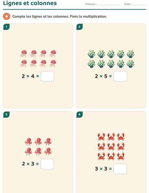 Aperçu de la fiche Multiplication en réseaux avec Vie océanique pour CE1 (cours élémentaire 1)