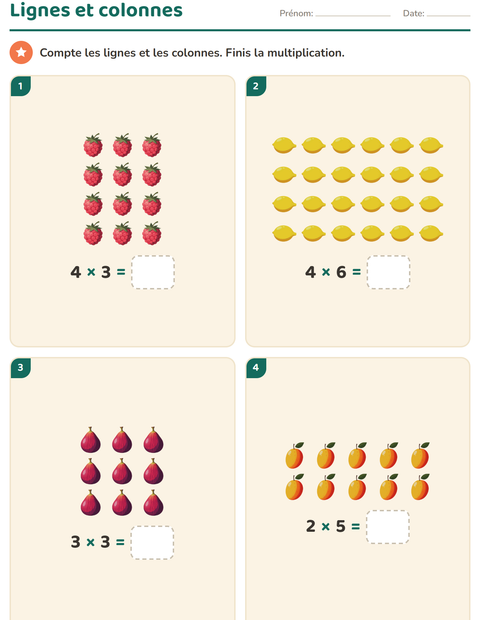 Aperçu de la fiche Multiplication en réseaux avec Fruits pour CE1 (cours élémentaire 1)