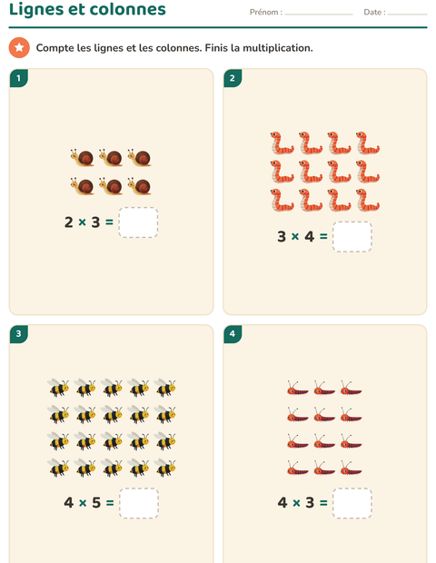 Aperçu de la fiche Multiplication en réseaux avec Insectes et bestioles pour CE1 (cours élémentaire 1)