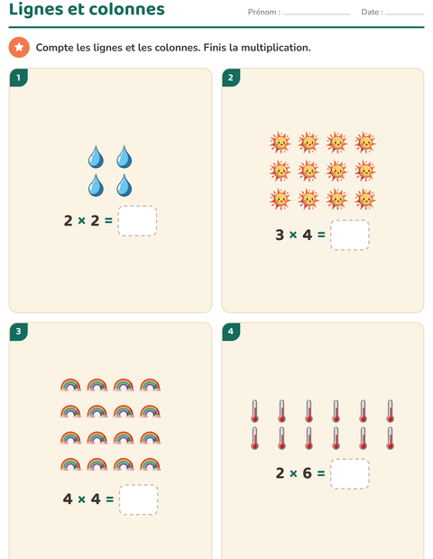 Aperçu de la fiche Multiplication en réseaux avec Météo pour CE1 (cours élémentaire 1)