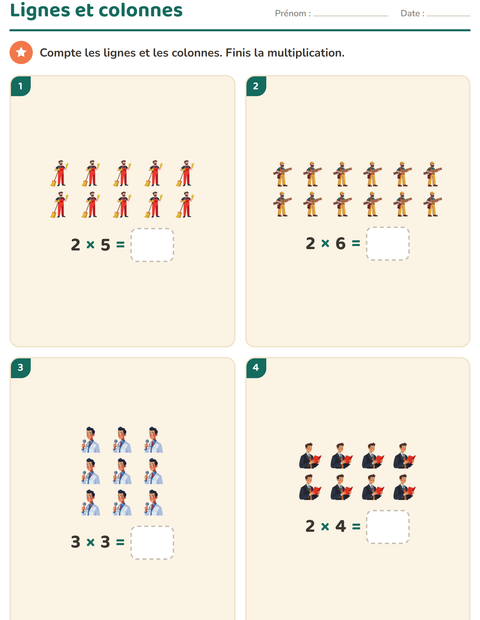 Aperçu de la fiche Multiplication en réseaux avec Métiers pour CE1 (cours élémentaire 1)