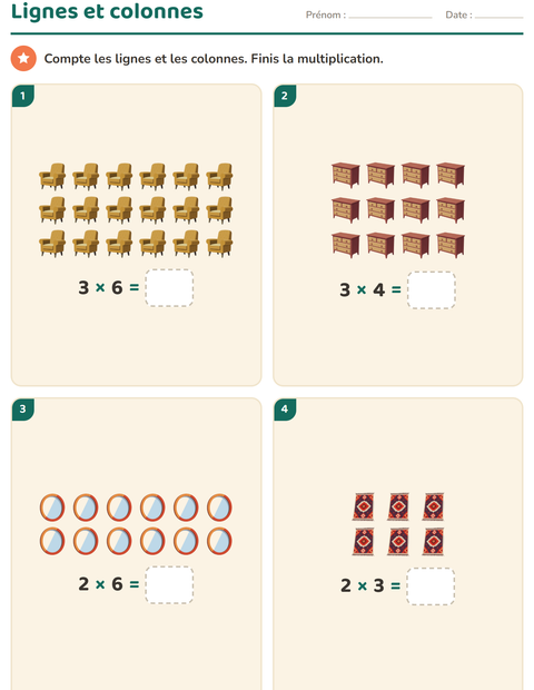 Aperçu de la fiche Multiplication en réseaux avec Meubles pour CE1 (cours élémentaire 1)