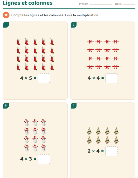 Aperçu de la fiche Multiplication en réseaux avec Noël pour CE1 (cours élémentaire 1)