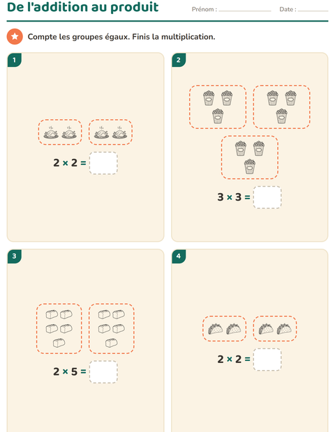 Aperçu de la fiche Multiplication en réseaux avec Nourriture NB pour CE1 (cours élémentaire 1)