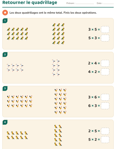Aperçu de la fiche Multiplication en réseaux avec Oiseaux 2 pour CE2 (cours élémentaire 2)