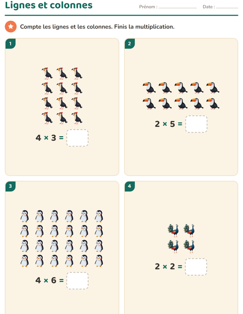 Aperçu de la fiche Multiplication en réseaux avec Oiseaux pour CE1 (cours élémentaire 1)