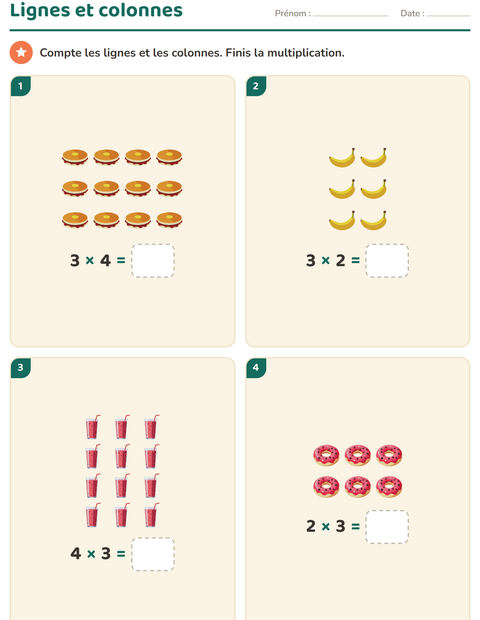 Aperçu de la fiche Multiplication en réseaux avec Petit-déjeuner pour CE1 (cours élémentaire 1)