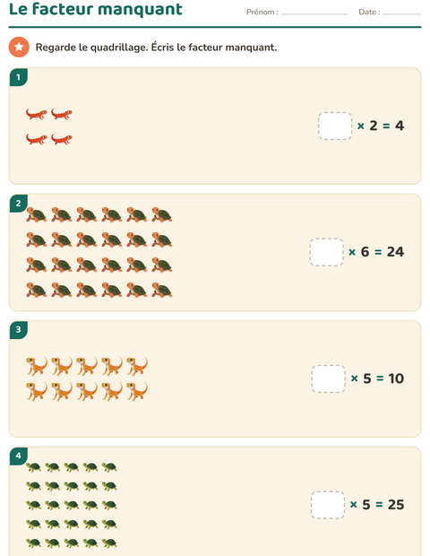 Aperçu de la fiche Multiplication en réseaux avec Reptiles et amphibiens pour CE2 (cours élémentaire 2)