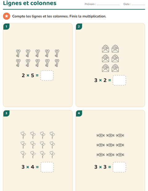 Aperçu de la fiche Multiplication en réseaux avec Saint-Valentin NB pour CE1 (cours élémentaire 1)