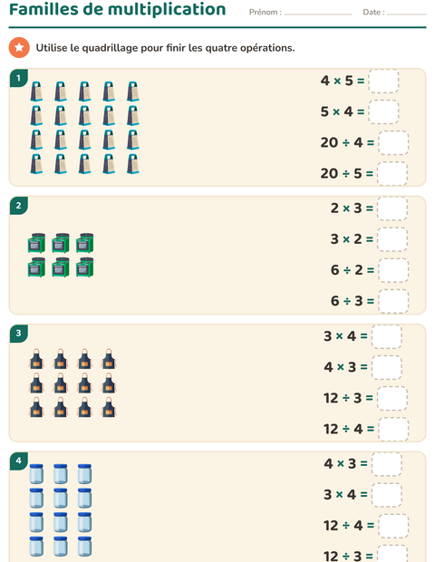 Aperçu de la fiche Multiplication en réseaux avec Ustensiles de cuisine pour CE2 (cours élémentaire 2)