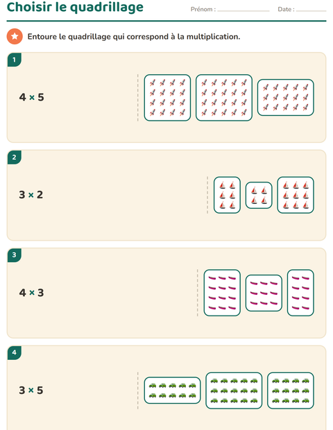 Aperçu de la fiche Multiplication en réseaux avec Véhicules pour CE1 (cours élémentaire 1)